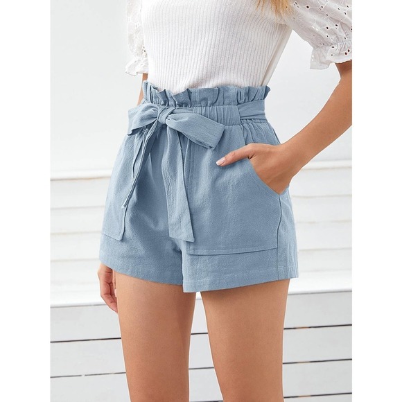 Boho Paperbag Belted Shorts high waist with pockets - olive green - Picture 3 of 11